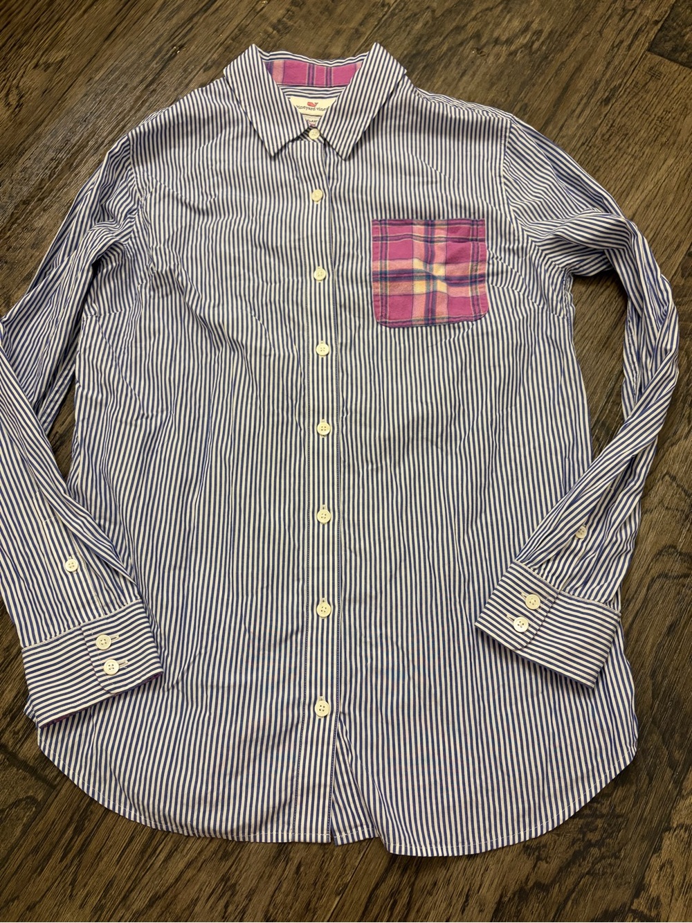 Vineyard Vines Navy & White Striped Button-Down with Pink Plaid Pocket